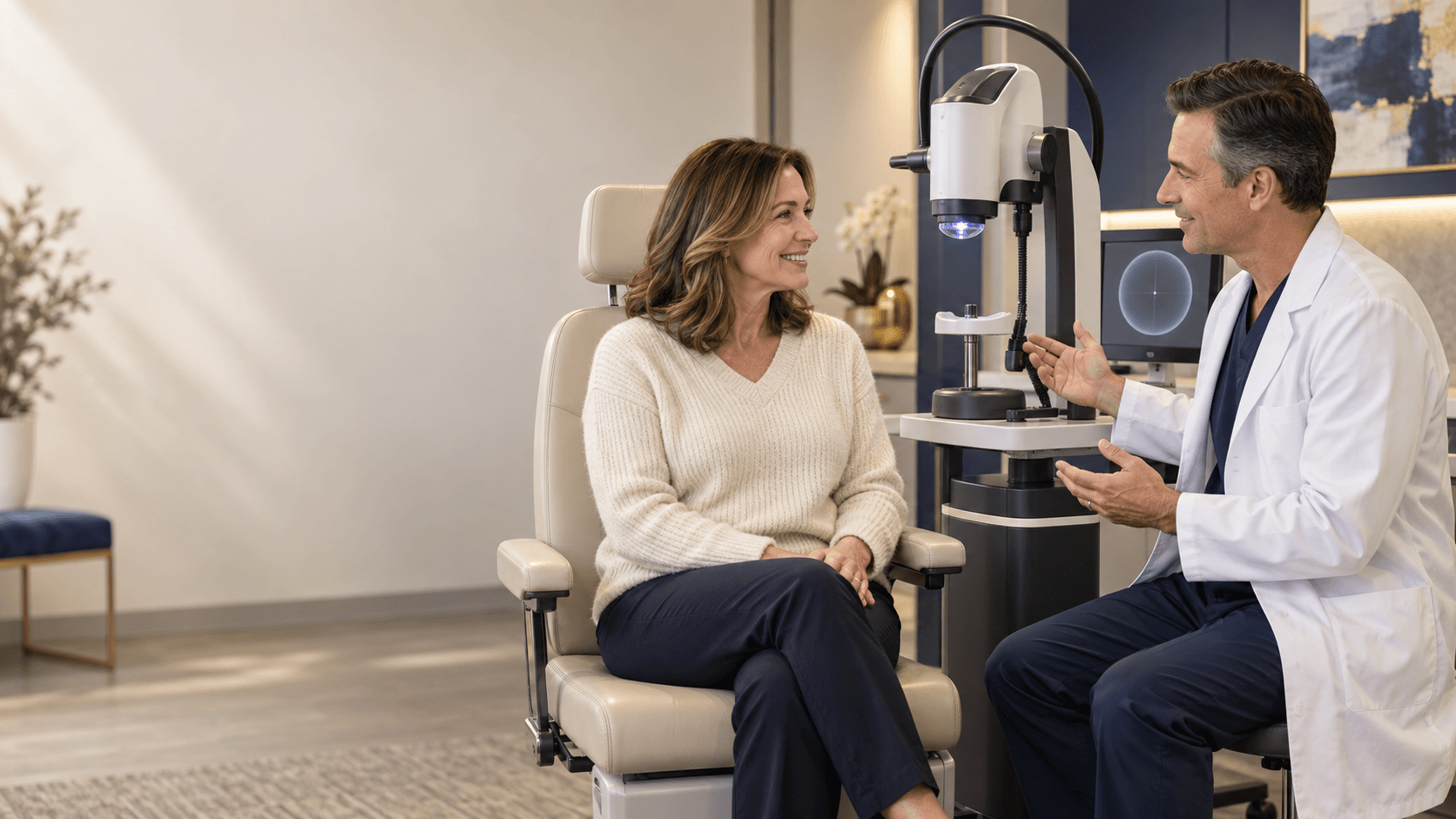 Patient discussing Light Adjustable Lens treatment with an eye surgeon