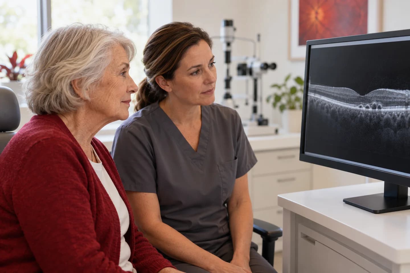 Illustrative cataract planning discussion with retinal imaging