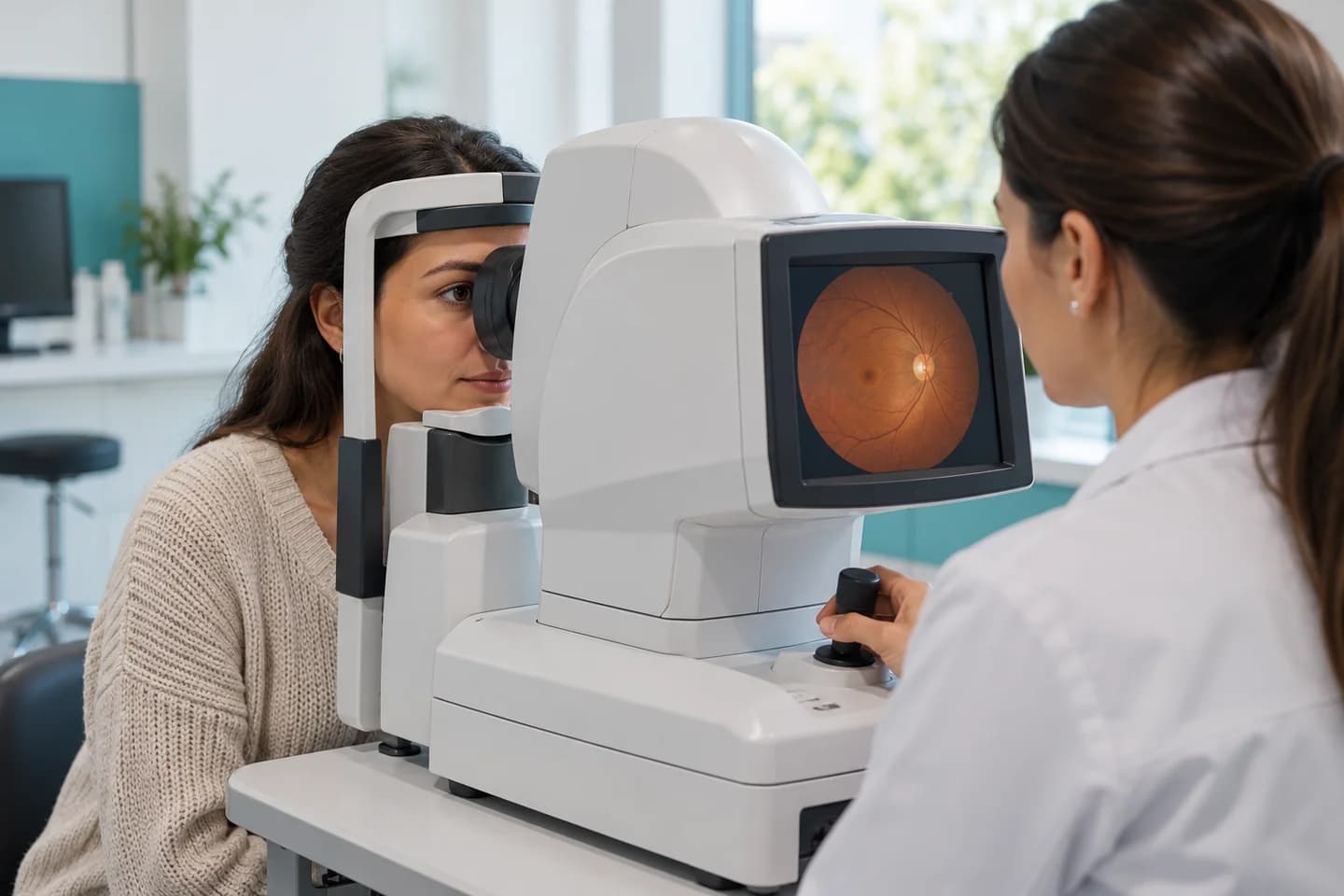 Illustrative patient positioned at a retinal screening camera, not evidence of a device used at Visionary.