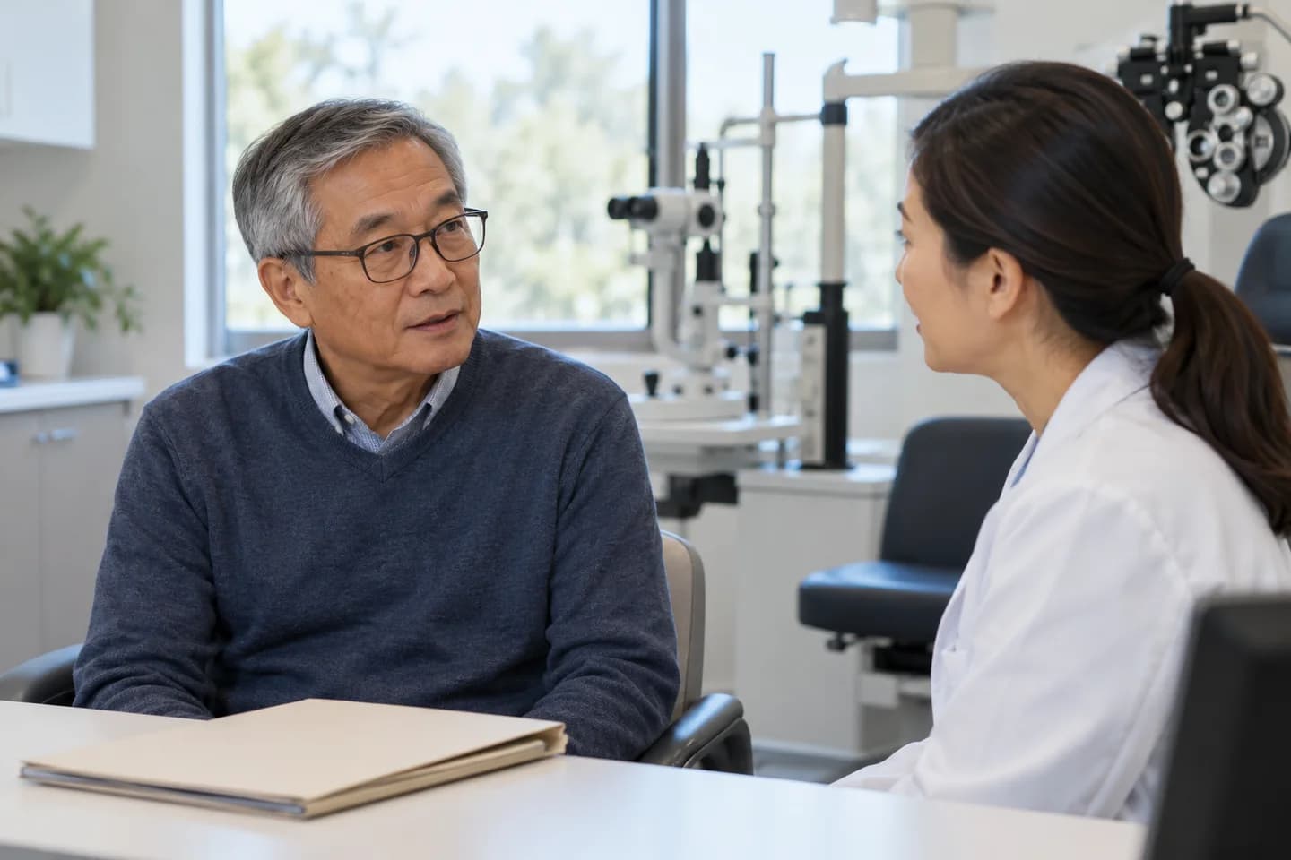 Illustrative patient wearing ordinary glasses during a cataract-planning consultation.