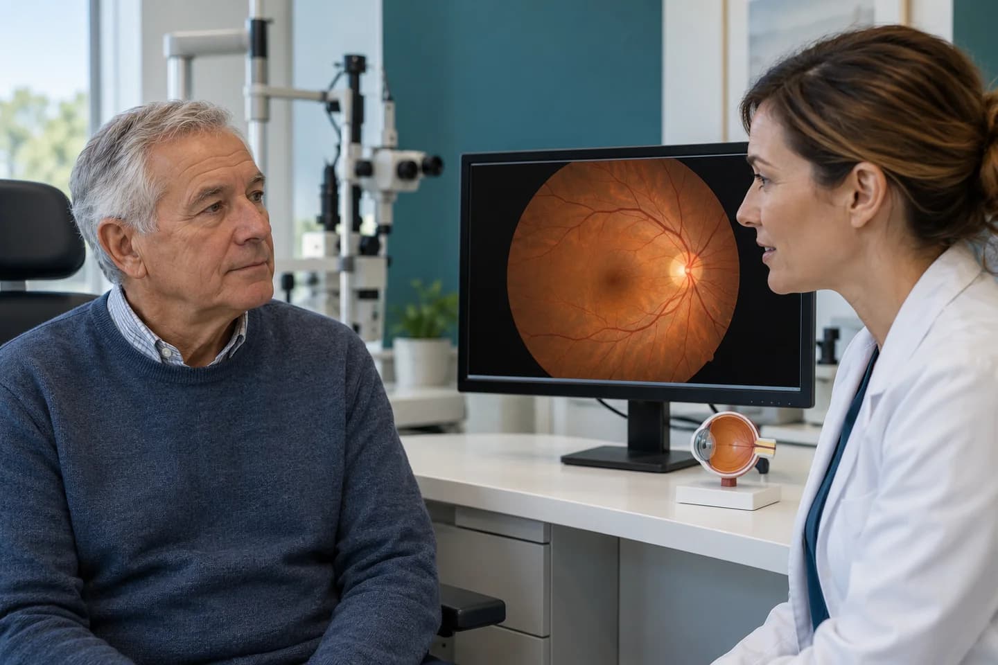 Illustrative patient and clinician discussing retinal images before cataract surgery.