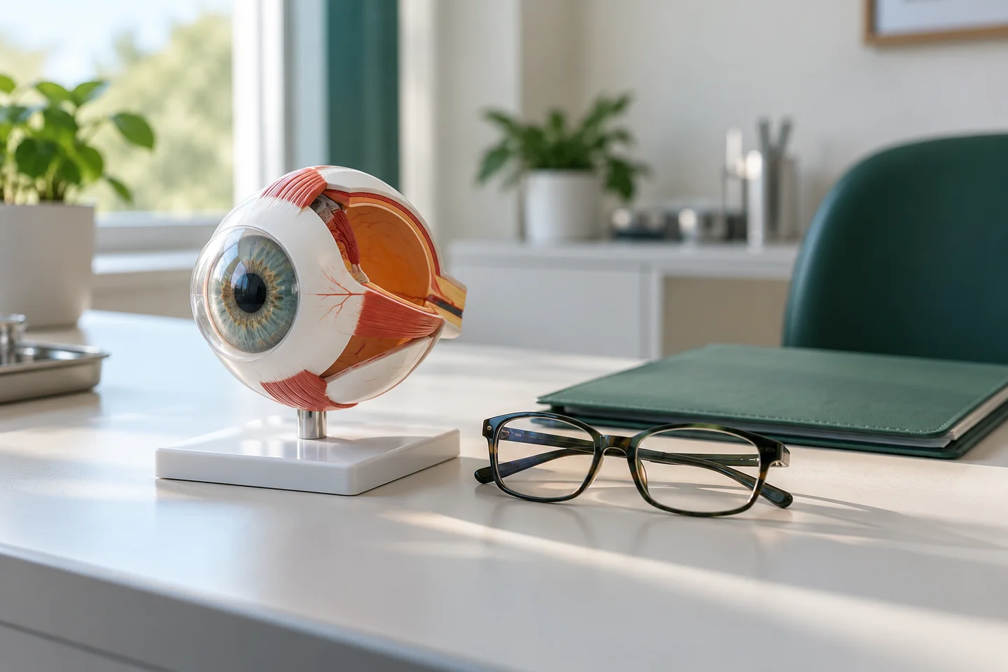 Illustrative eye model and ordinary glasses used to explain different lens procedures.