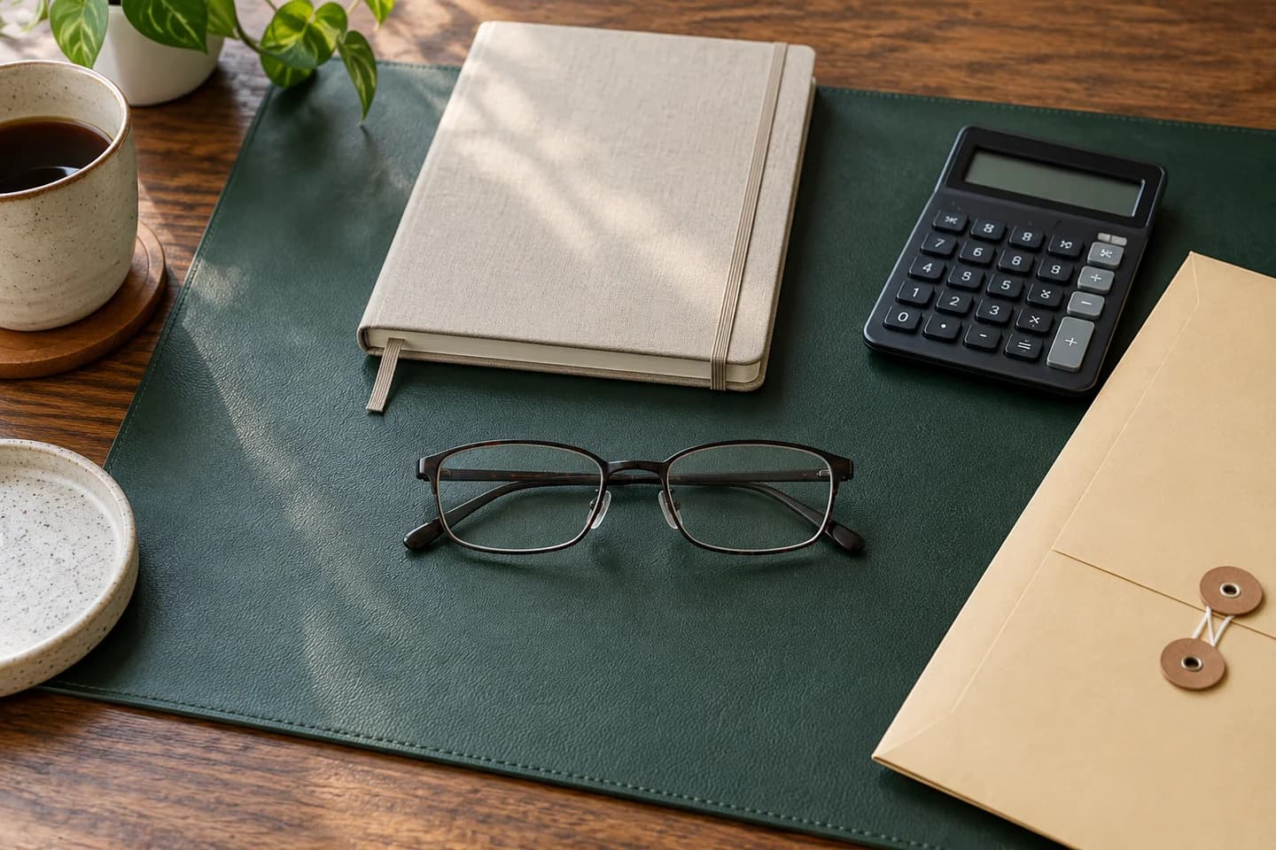 Illustrative year-end planning desk with ordinary glasses, a blank calendar, and a calculator.