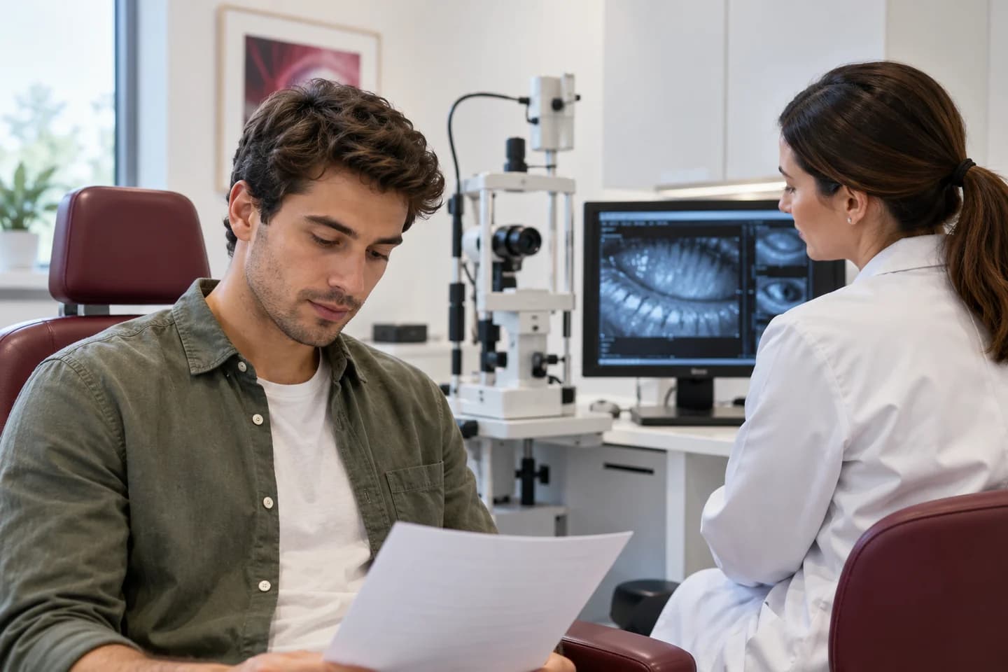 Illustrative younger patient reviewing medication history during an eye consultation.