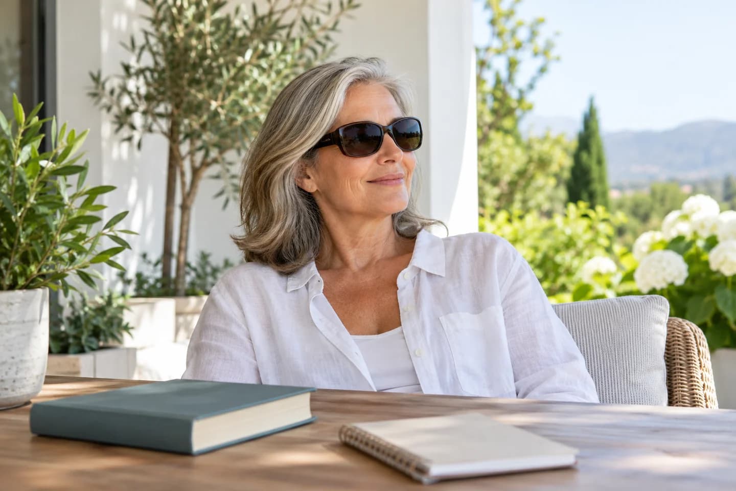 Illustrative woman outdoors wearing ordinary sunglasses; these are not the prescribed RxSight UV-protective glasses.