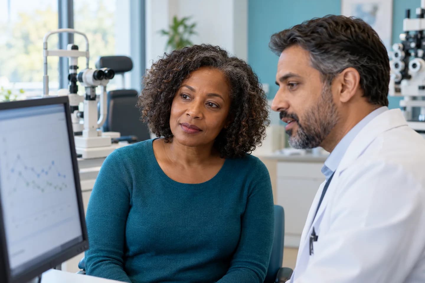 Illustrative patient and clinician reviewing an eye-pressure history before a glaucoma treatment decision.