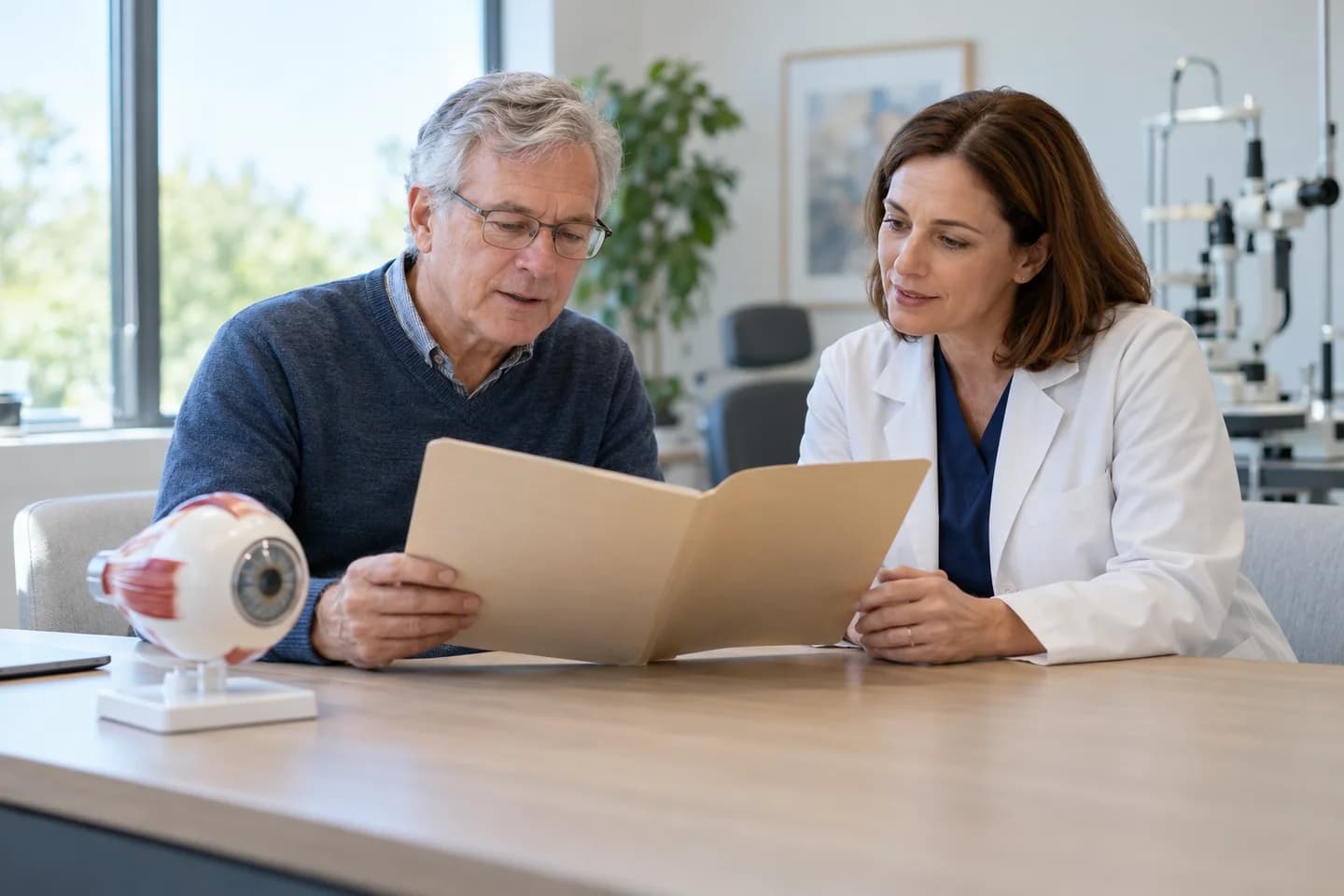 Illustrative older patient reviewing prior eye-surgery records with a clinician.