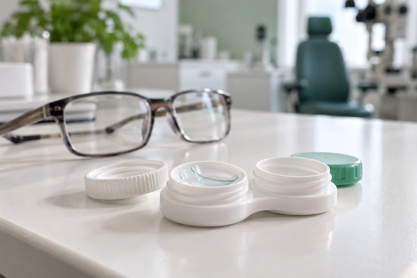 Illustrative specialty contact-lens case beside ordinary glasses, not a medical fitting demonstration.