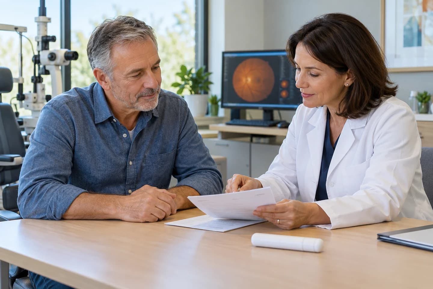 Illustrative patient discussing a medication list with an eye-care clinician.