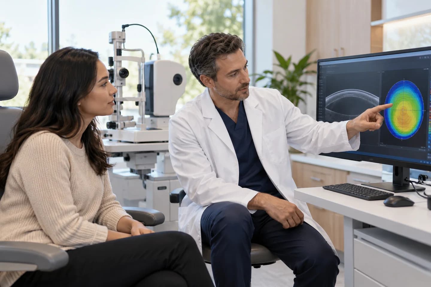Illustrative refractive-surgery discussion using a corneal scan, not a photograph of a named laser platform.