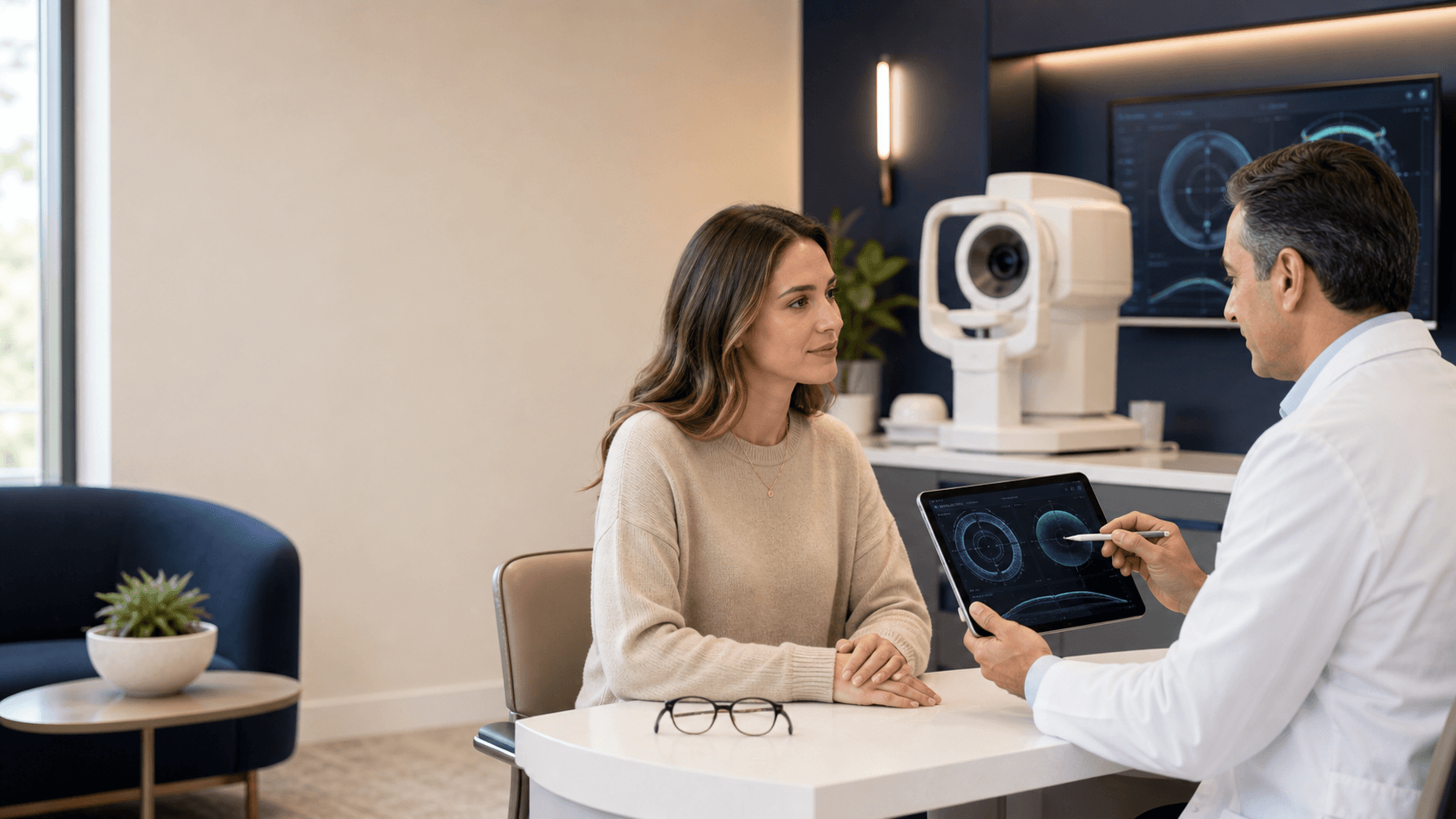 Vision correction consultation comparing LASIK, EVO ICL, and PRK
