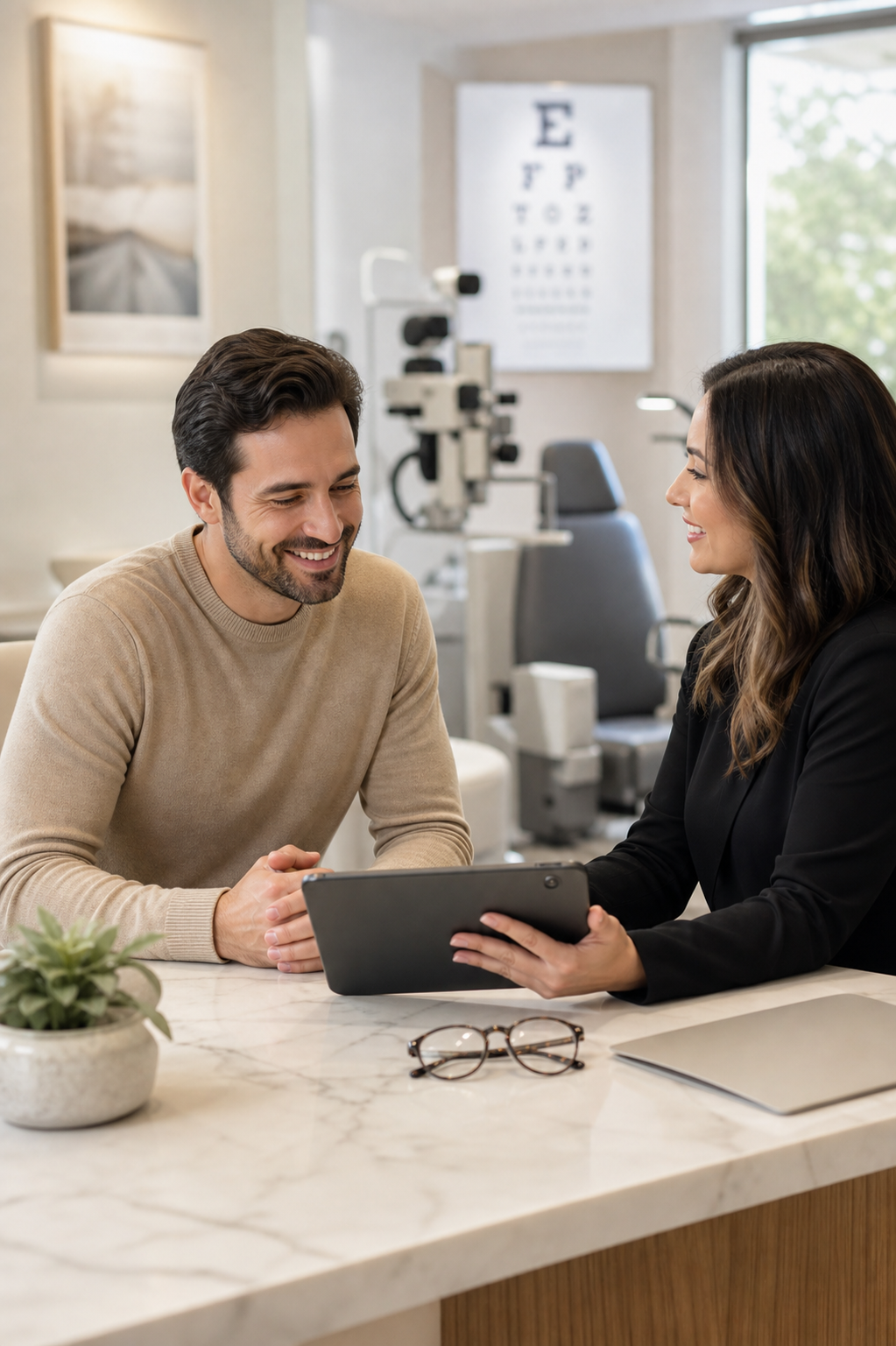 Patient reviewing vision correction payment options with the clinic team